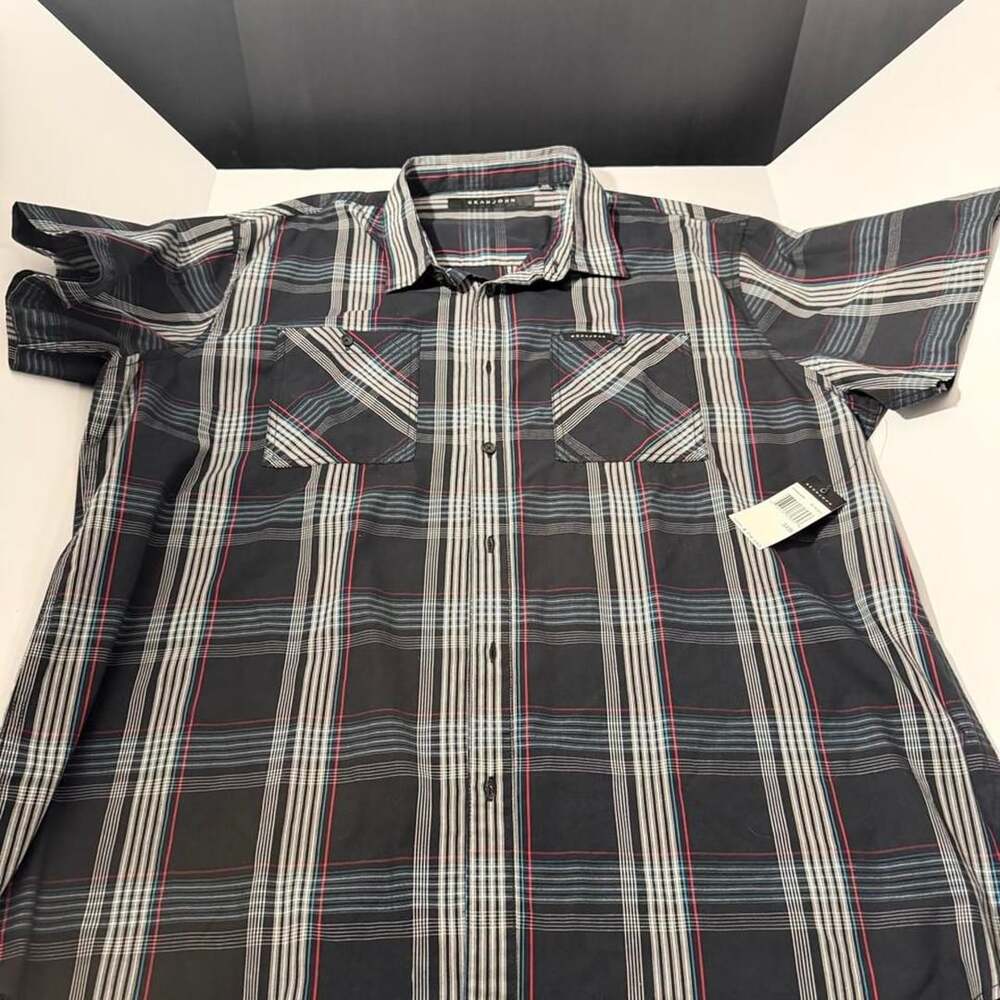 Sean John Short Sleeve Button Up Shirt Size 3XB Black Plaid NWT